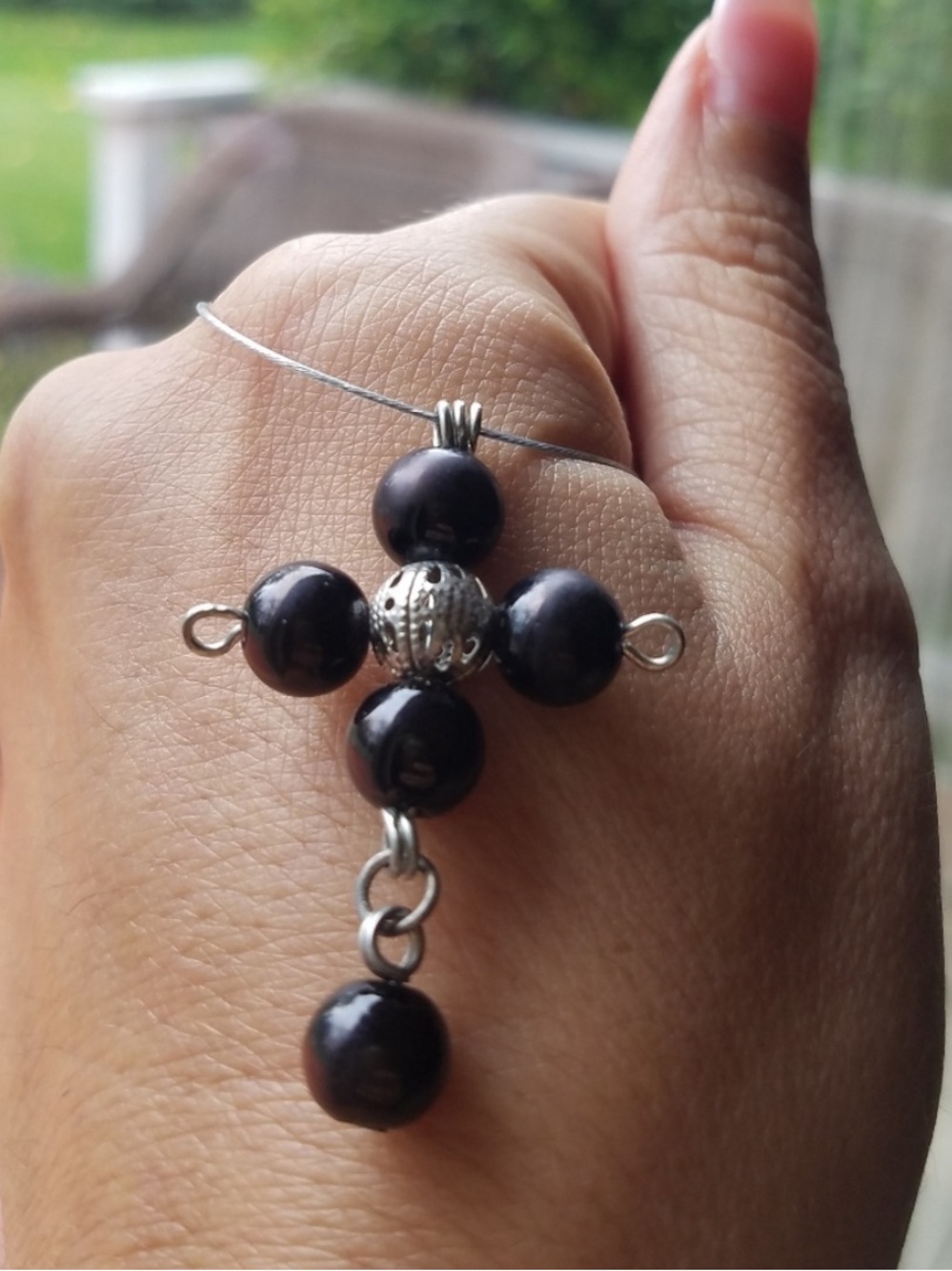 Black Faux Pearl Symbolic Cross Pendant Choker Necklace Handmade NEW